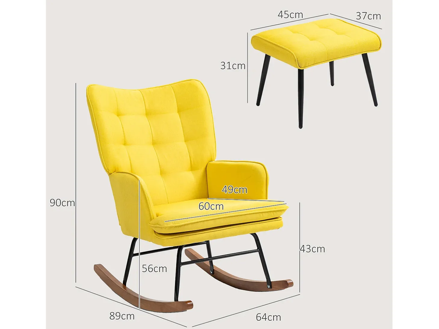 Cadeira de balanço com banco de linho amarelo, estrutura de aço e pernas de madeira