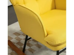 Cadeira de balanço com banco de linho amarelo, estrutura de aço e pernas de madeira