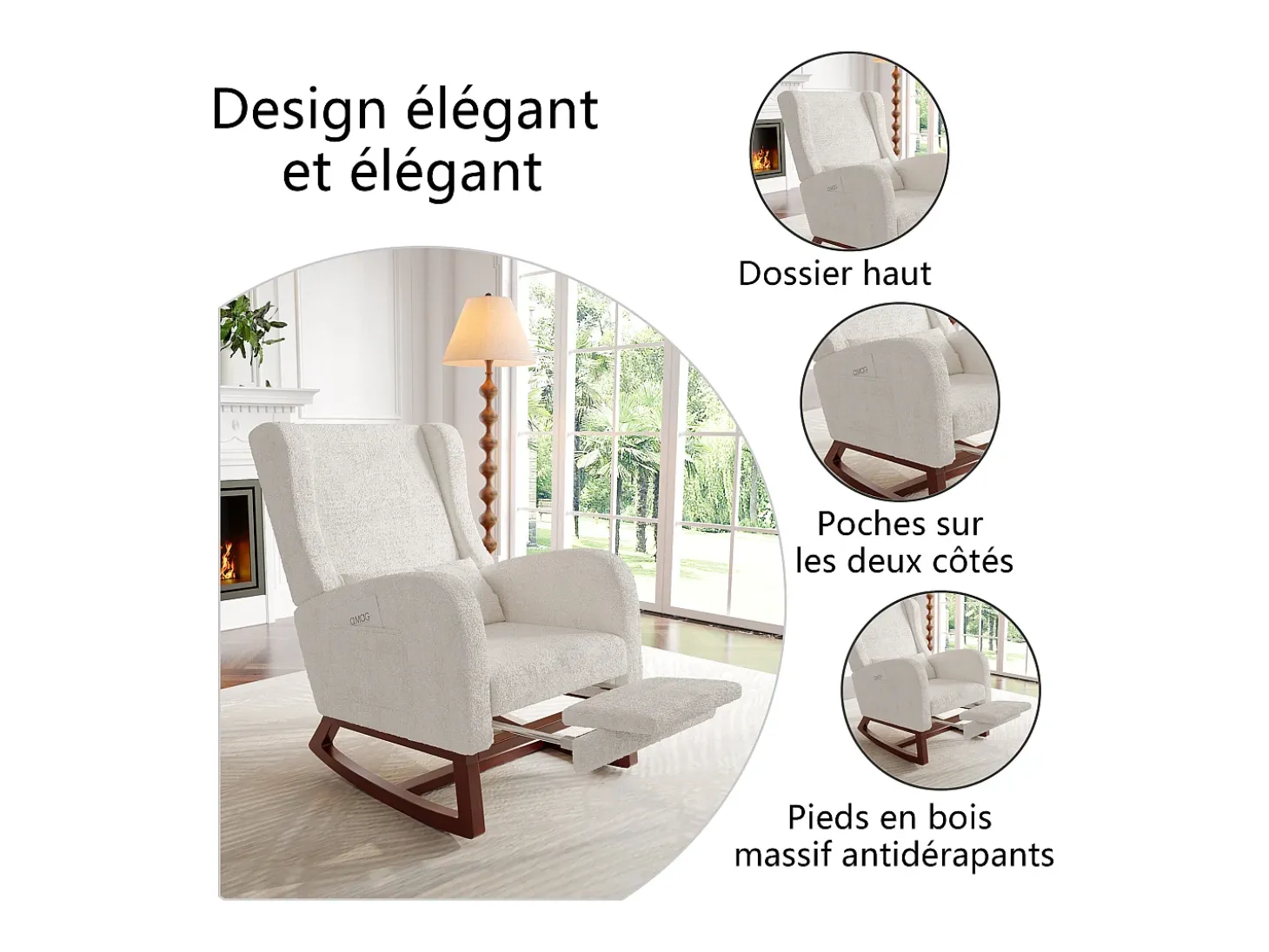 Cadeira de balanço de madeira maciça com apoio de pernas retrátil e encosto alto - Cadeira de balanço para sala de estar e quarto - Até 150 kg - Bege