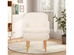 Cadeira de balanço de pelúcia Teddy - Cadeira de balanço confortável com apoio para os pés e pernas de madeira maciça - 65 x 96,5 x 85 cm - Branca