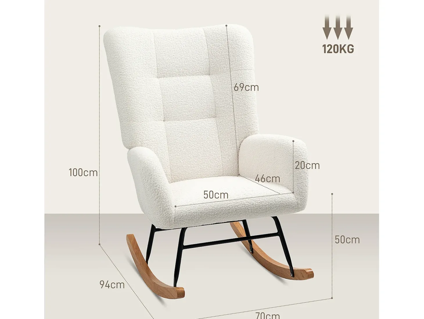 Cadeira de balanço de veludo Teddy branco creme, cadeira de balanço com braços
