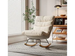 Cadeira de balanço estofada com encosto alto e pés de madeira maciça, para sala de estar, quarto, bege.