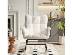 Cadeira de balanço moderna de veludo Teddy - Cadeira de balanço com braços, branca