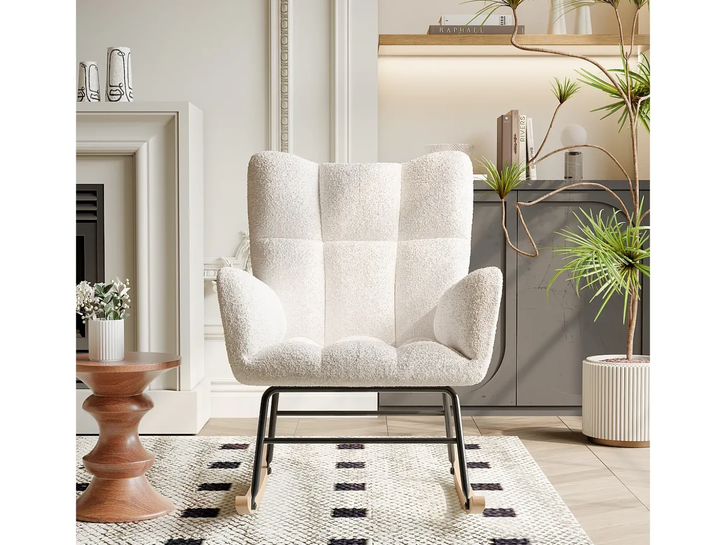 Cadeira de balanço moderna de veludo Teddy - Cadeira de balanço com braços, branca
