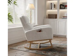 Cadeira de balanço, poltrona com almofada acolchoada, bolso lateral e apoios de braço, linho, branca