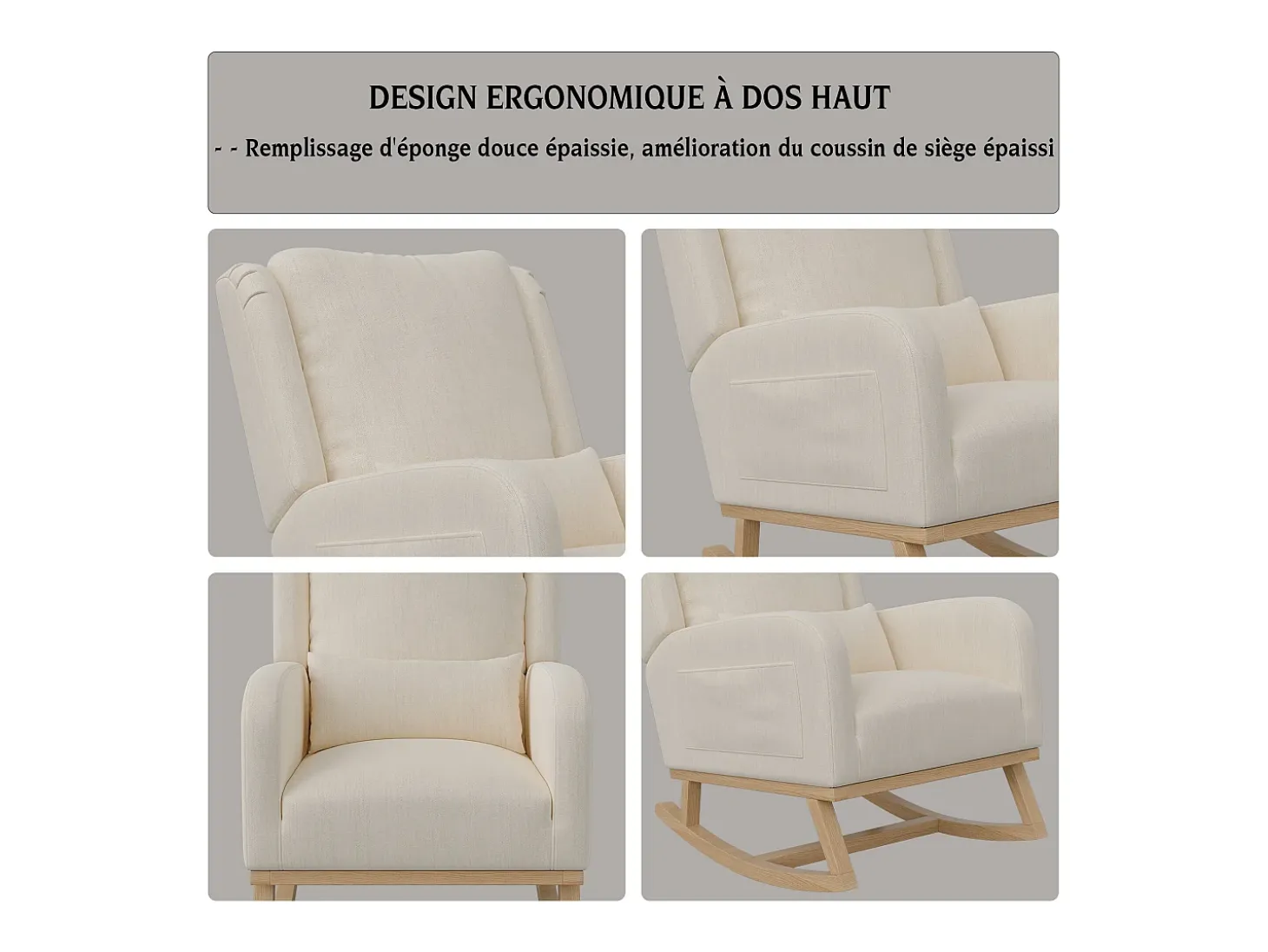 Cadeira de balanço, poltrona com almofada acolchoada, bolso lateral e apoios de braço, linho, bege