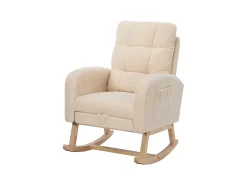Cadeira de balanço Teddy Velvet com apoio para os pés e braços - 132 x 50 x 99 cm - Estrutura de madeira maciça - Bege
