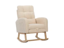Cadeira de balanço Teddy Velvet com apoio para os pés e braços - 132 x 50 x 99 cm - Estrutura de madeira maciça - Bege