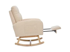 Cadeira de balanço Teddy Velvet com apoio para os pés e braços - 132 x 50 x 99 cm - Estrutura de madeira maciça - Bege