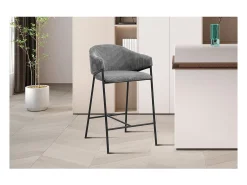 Cadeira de balcão IMANY – Veludo cotelê cinza escuro – Com braços – Pés em metal preto – Estilo design/industrial