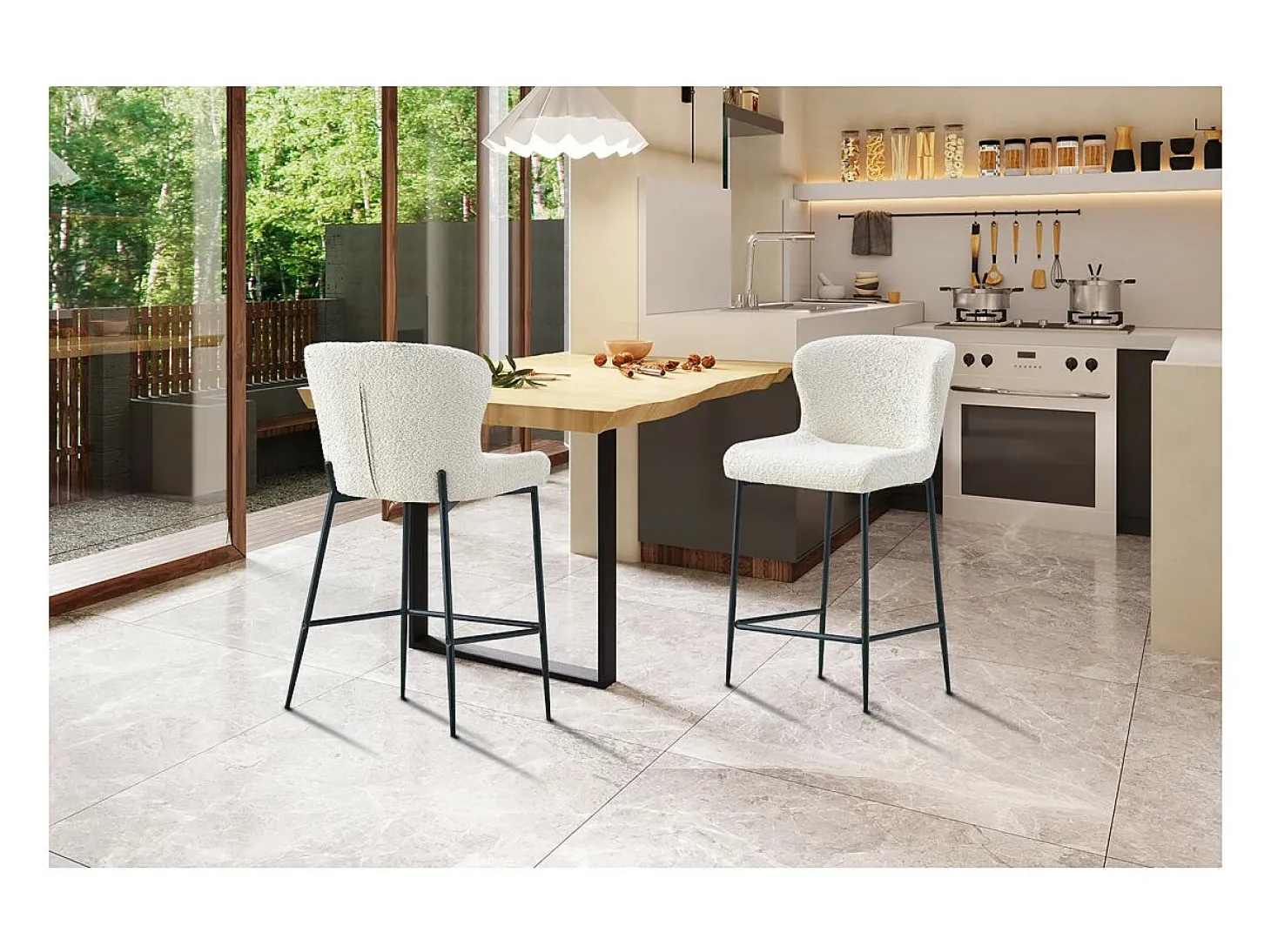 Cadeira de balcão LISE – Tecido bouclé na cor branco cru – Pés em metal preto – Estilo design/industrial