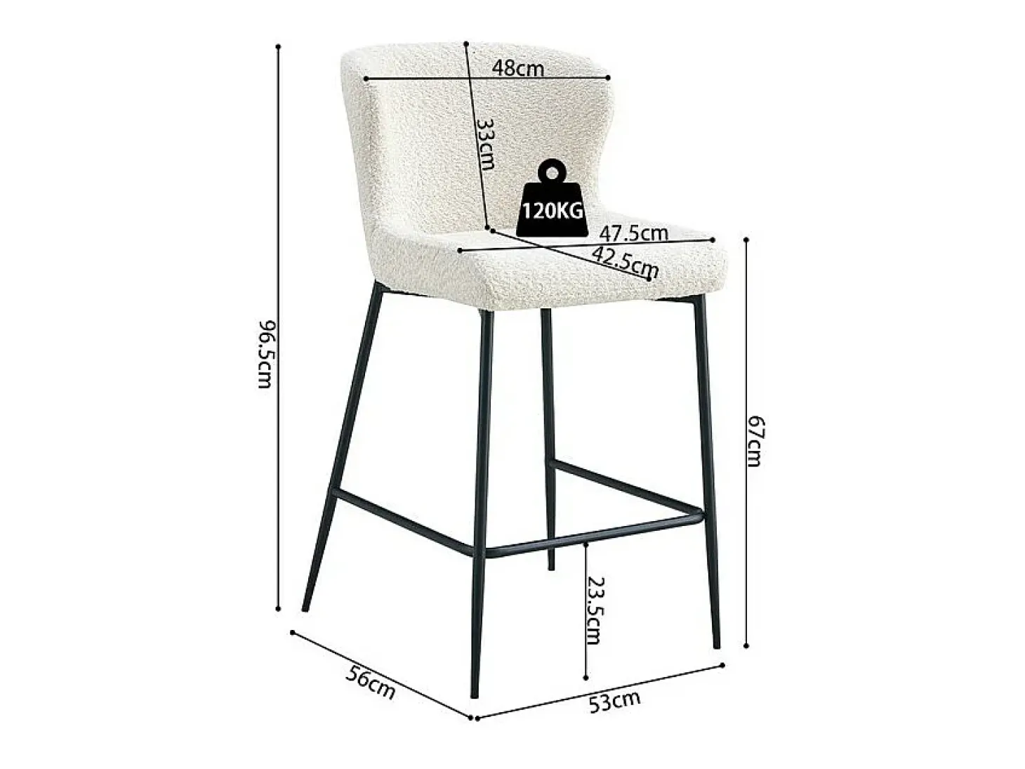 Cadeira de balcão LISE – Tecido bouclé na cor branco cru – Pés em metal preto – Estilo design/industrial