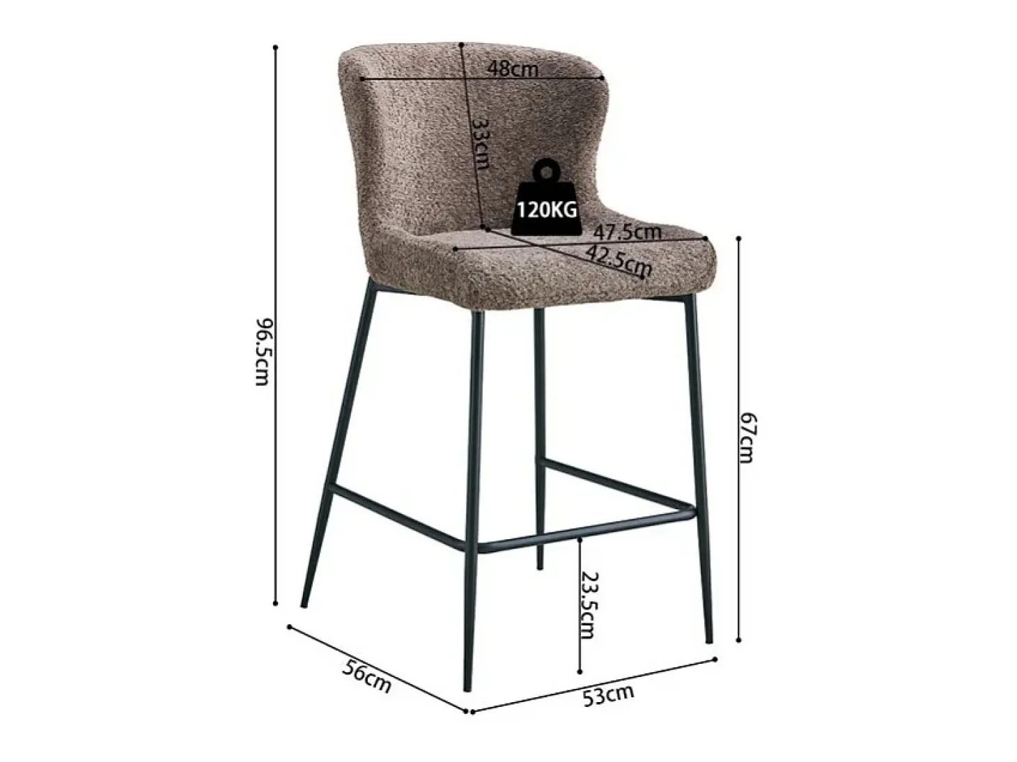 Cadeira de balcão LISE – Tecido bouclé na cor areia – Pés de metal preto – Estilo design/industrial