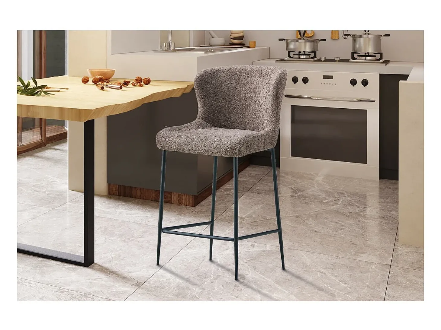 Cadeira de balcão LISE – Tecido bouclé na cor areia – Pés de metal preto – Estilo design/industrial