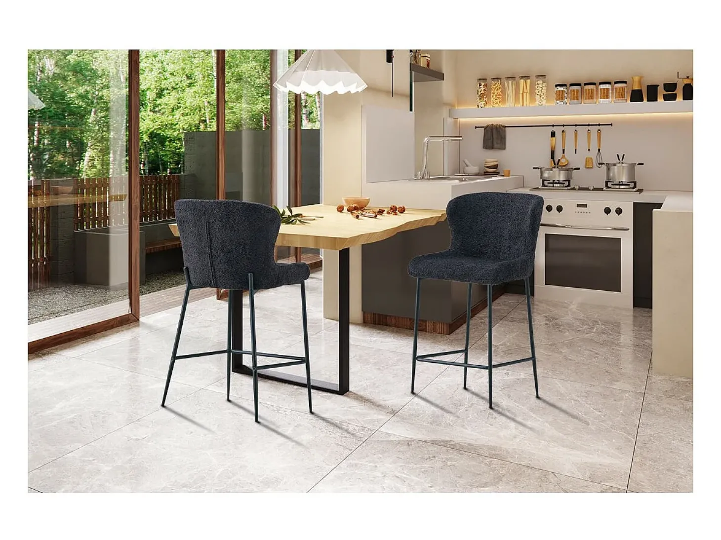 Cadeira de balcão LISE – Tecido bouclé na cor cinza escuro – Pés de metal preto – Estilo design/industrial