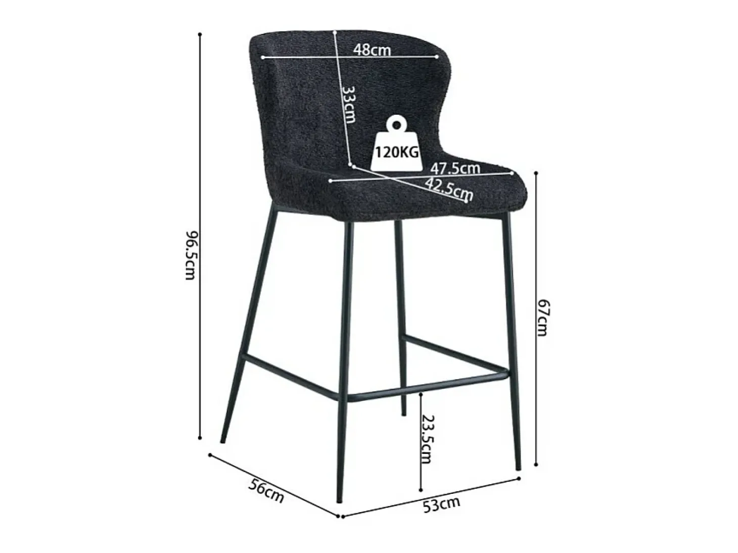 Cadeira de balcão LISE – Tecido bouclé na cor cinza escuro – Pés de metal preto – Estilo design/industrial