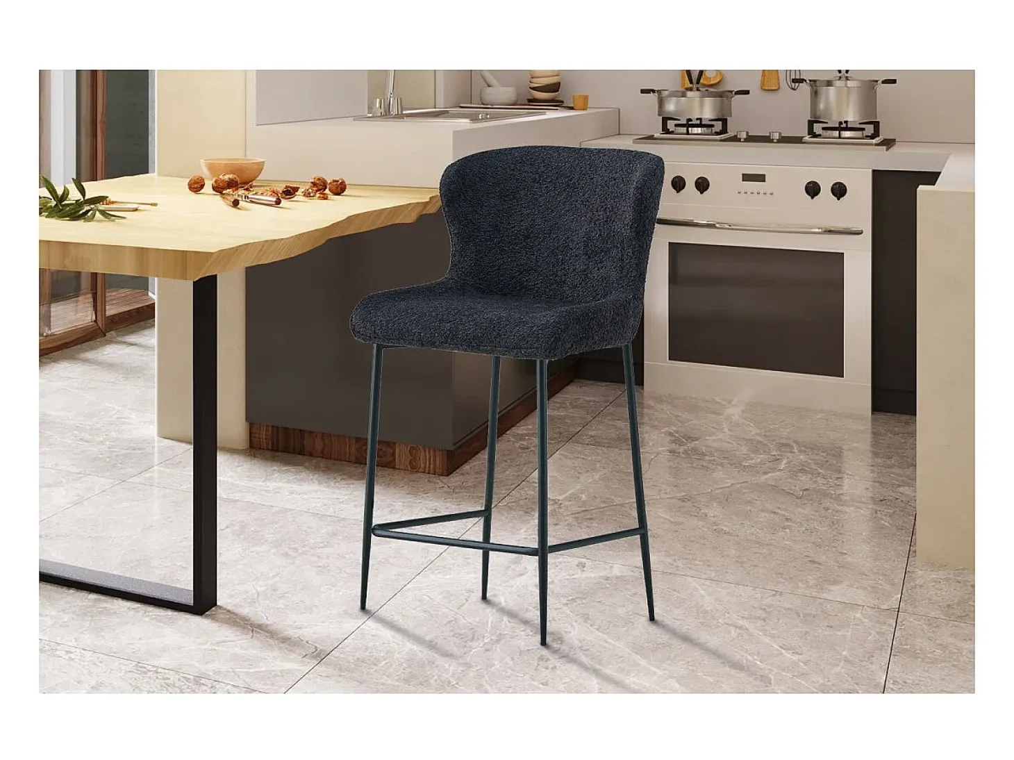 Cadeira de balcão LISE – Tecido bouclé na cor cinza escuro – Pés de metal preto – Estilo design/industrial