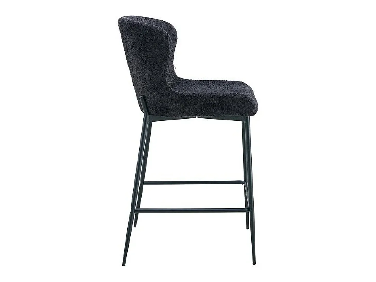 Cadeira de balcão LISE – Tecido bouclé na cor cinza escuro – Pés de metal preto – Estilo design/industrial