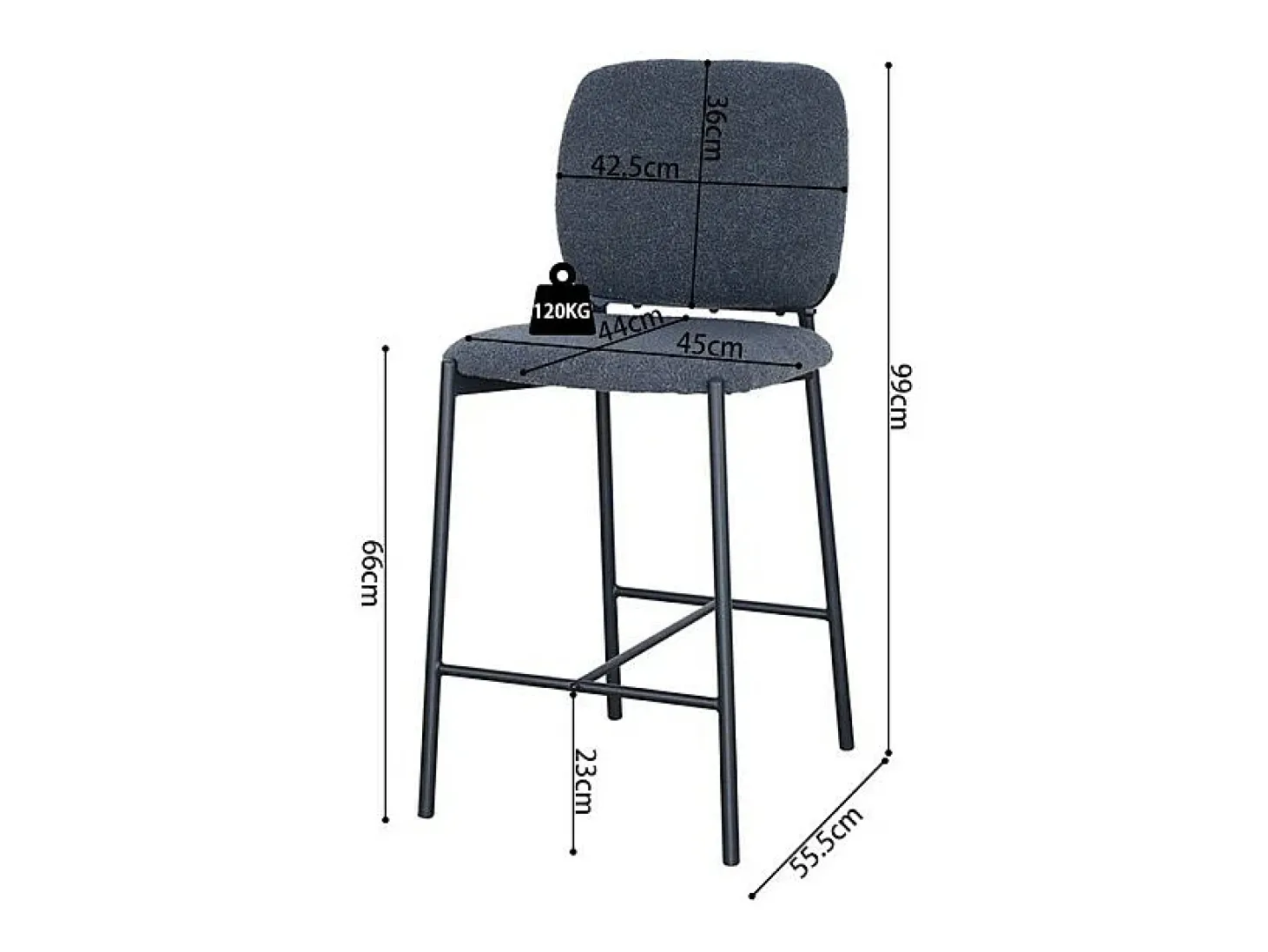 Cadeira de balcão RITA – Tecido cinza escuro – Pés em metal preto – Altura 99 cm – Estilo design/industrial