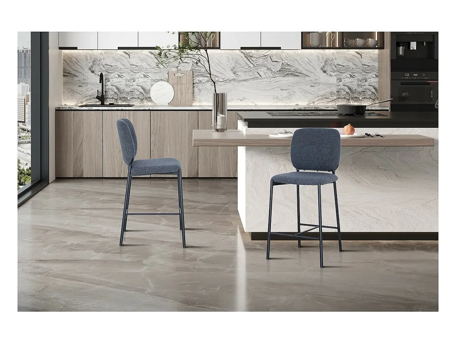 Cadeira de balcão RITA – Tecido cinza escuro – Pés em metal preto – Altura 99 cm – Estilo design/industrial