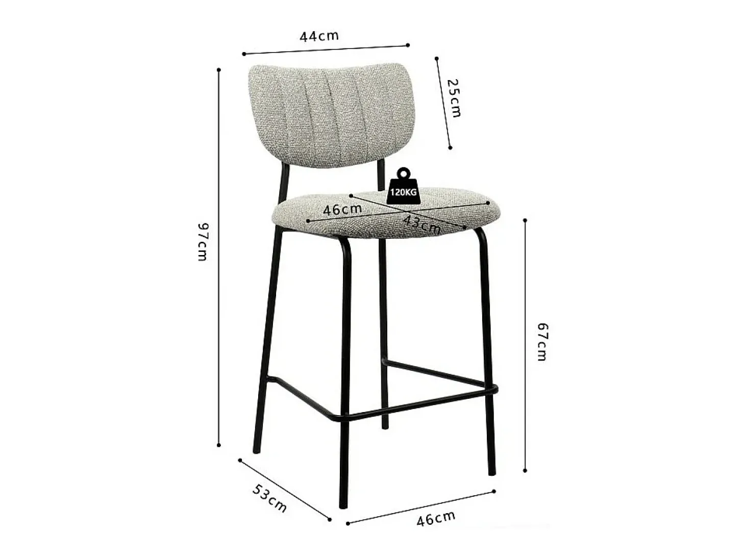 Cadeira de balcão VENTURA – Tecido cinza claro – Pés de metal preto – Altura 97 cm – Estilo design/industrial