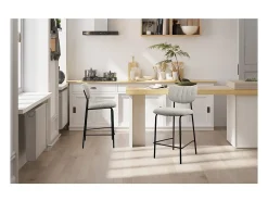 Cadeira de balcão VENTURA – Tecido cinza claro – Pés de metal preto – Altura 97 cm – Estilo design/industrial