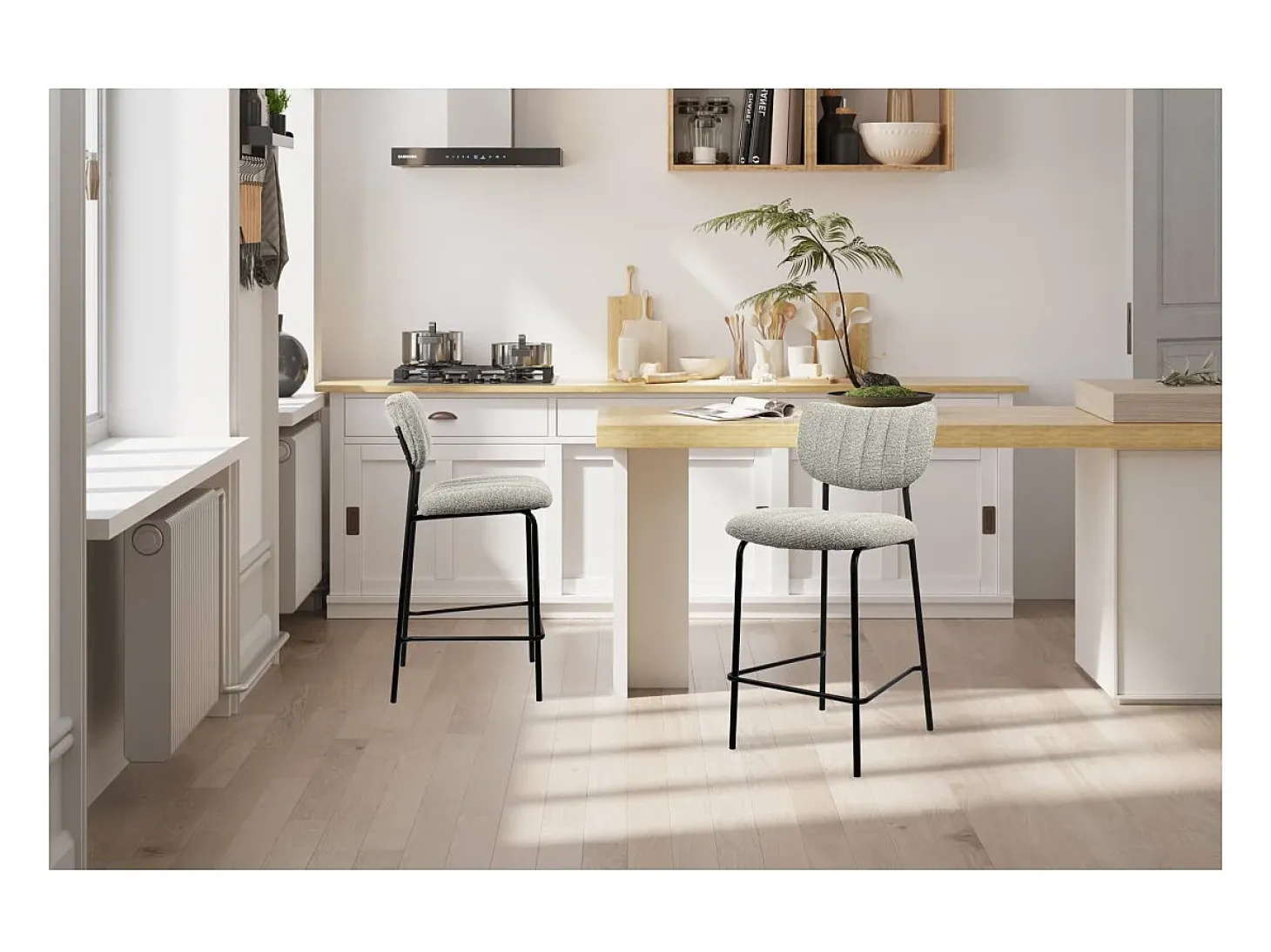 Cadeira de balcão VENTURA – Tecido cinza claro – Pés de metal preto – Altura 97 cm – Estilo design/industrial