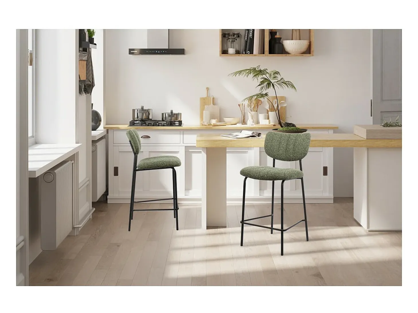 Cadeira de balcão VENTURA – Tecido verde sálvia – Pés em metal preto – Altura 97 cm – Estilo design/industrial