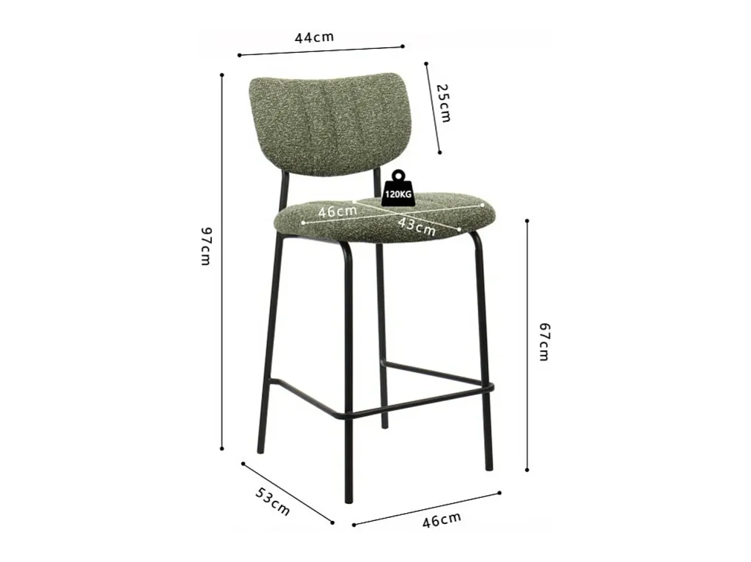 Cadeira de balcão VENTURA – Tecido verde sálvia – Pés em metal preto – Altura 97 cm – Estilo design/industrial