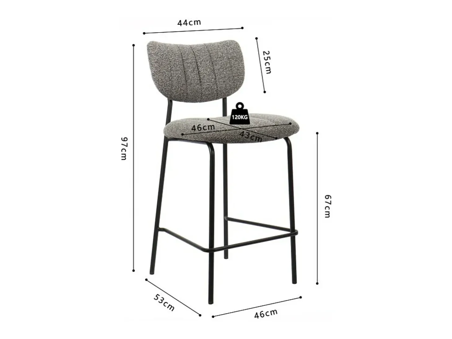 Cadeira de balcão VENTURA – Tecido cinza escuro – Pés de metal preto – Altura 97 cm – Estilo design/industrial
