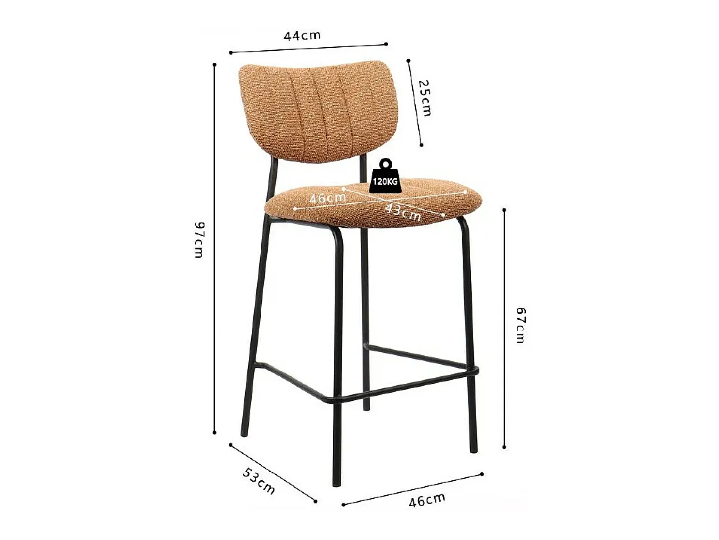 Cadeira de balcão VENTURA – Tecido laranja – Pés de metal preto – Altura 97 cm – Estilo design/industrial