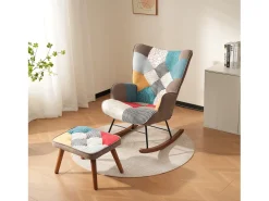 Cadeira de baloiço com patchwork multicolorido e apoio para os pés 69,5 x 50 x 88,5 cm