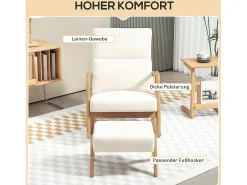 Cadeira de baloiço creme branco com apoio para os pés, estrutura em madeira 96x65x94,5cm