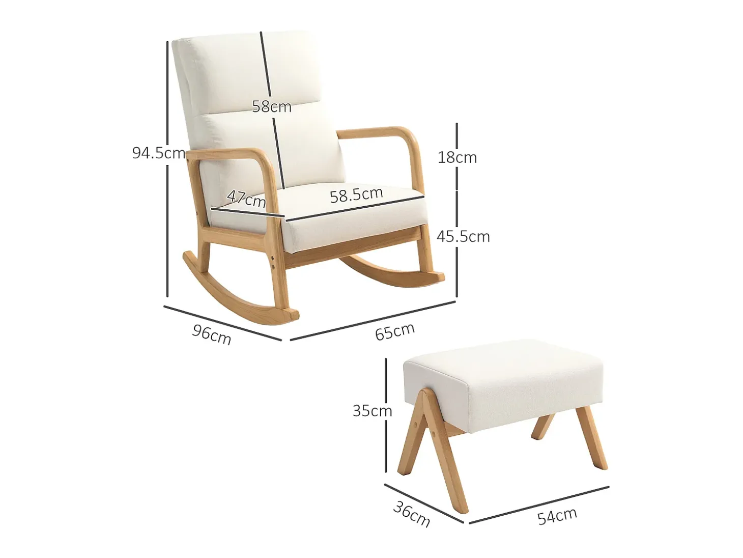 Cadeira de baloiço creme branco com apoio para os pés, estrutura em madeira 96x65x94,5cm