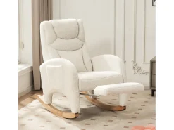Cadeira de baloiço em tecido Teddy branco - Cadeira de baloiço com apoio para os pés