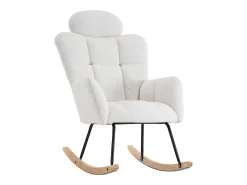 Cadeira de baloiço em tecido Teddy branco com apoio de cabeça, estrutura em metal preto 102x70x107cm