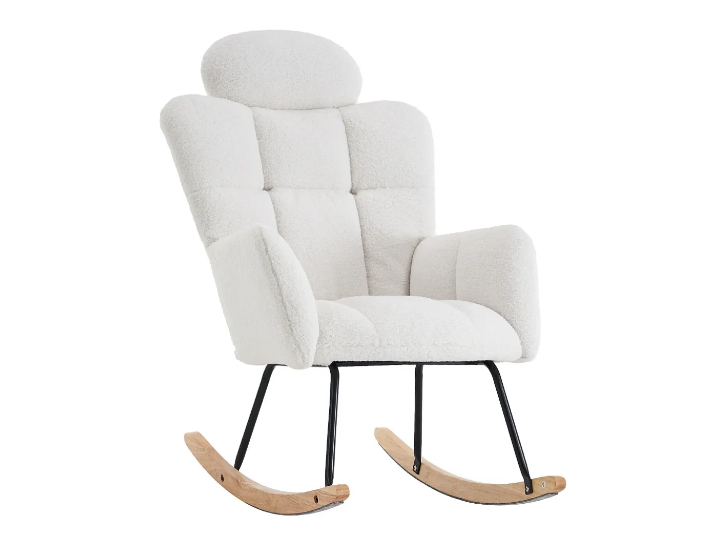 Cadeira de baloiço em tecido Teddy branco com apoio de cabeça, estrutura em metal preto 102x70x107cm