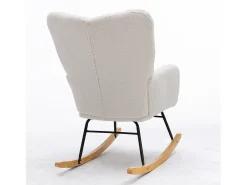 Cadeira de baloiço em tecido Teddy branco, estrutura em metal preto, base em madeira 89x70x95cm