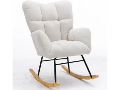 Cadeira de baloiço em tecido Teddy branco, estrutura em metal preto, base em madeira 89x70x95cm