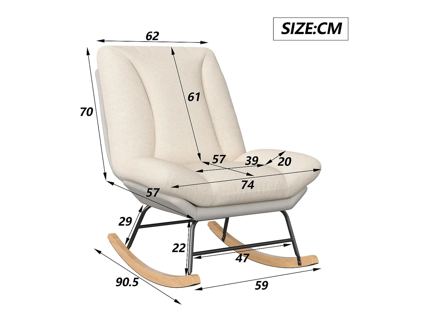 Cadeira de baloiço estofada - com encosto regulável, para sala de estar - quarto, varanda - 90,5 x 74 x 98 cm