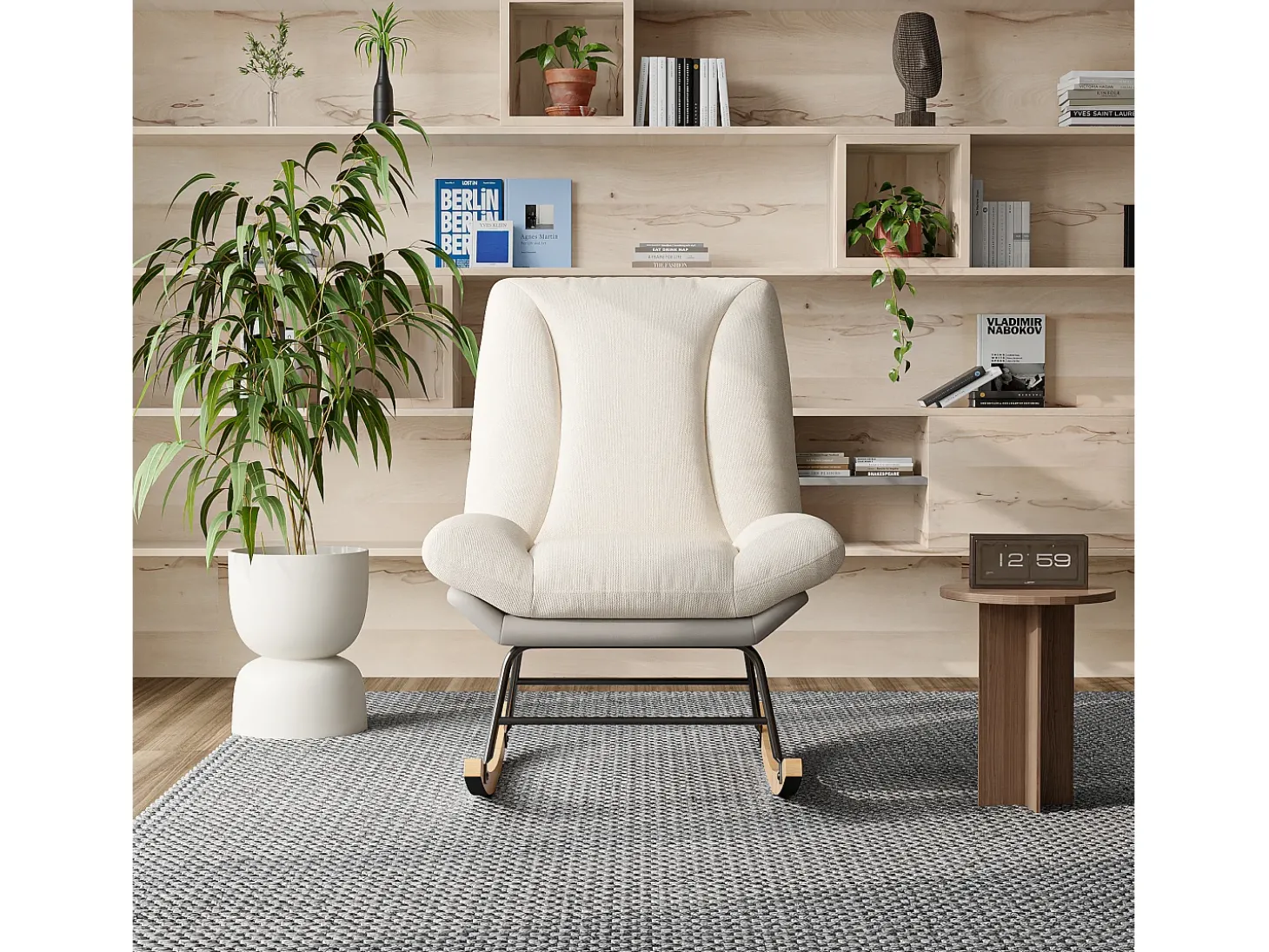 Cadeira de baloiço estofada - com encosto regulável, para sala de estar - quarto, varanda - 90,5 x 74 x 98 cm