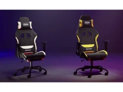 Cadeira de gaming com apoio de pés tecido preto e amarelo
