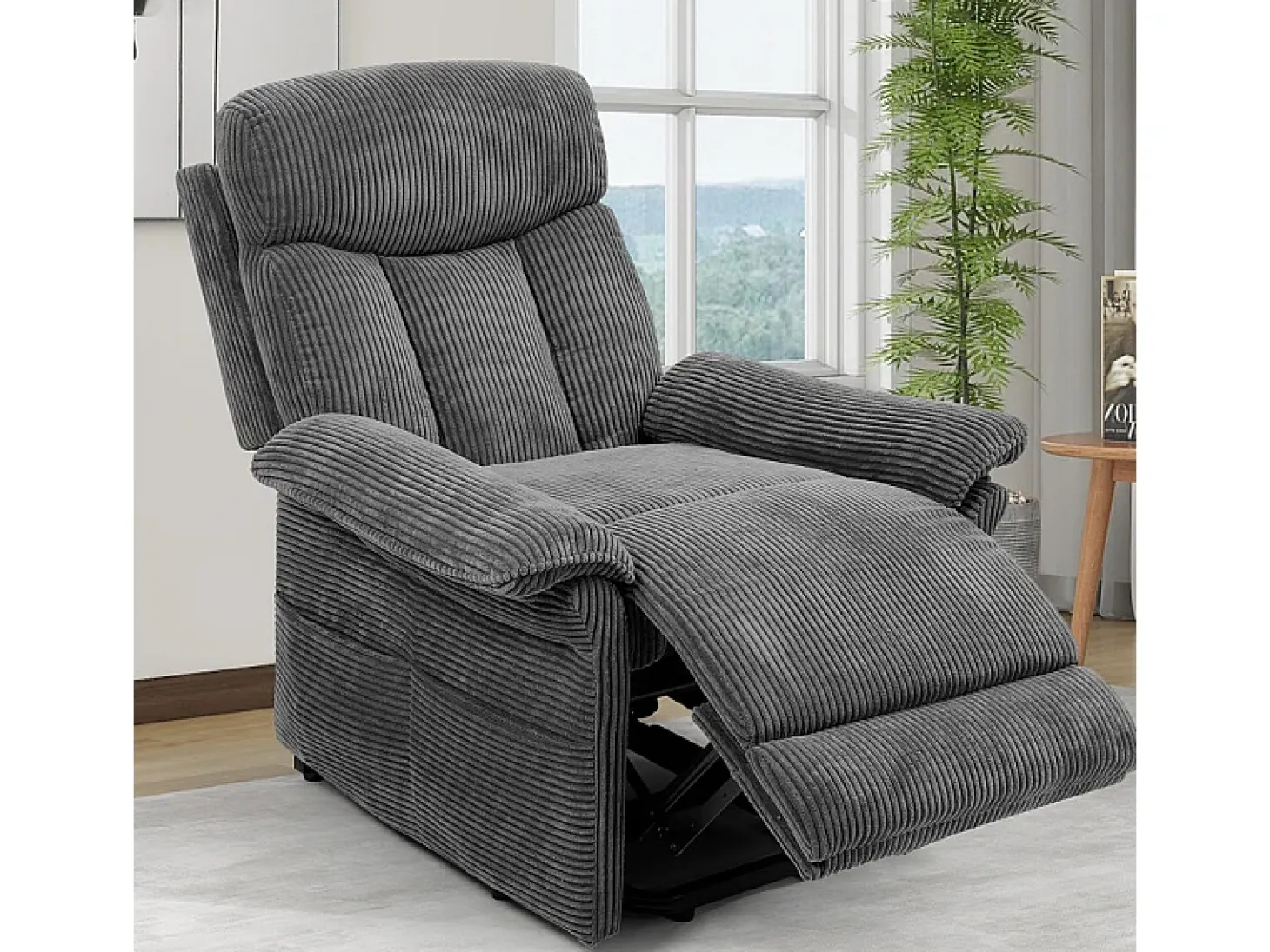 Cadeira relax de veludo cotelê com elevador elétrico, controle remoto, bolso lateral, regulável 90°-160°, Carga máxima de 150 kg, Cinza