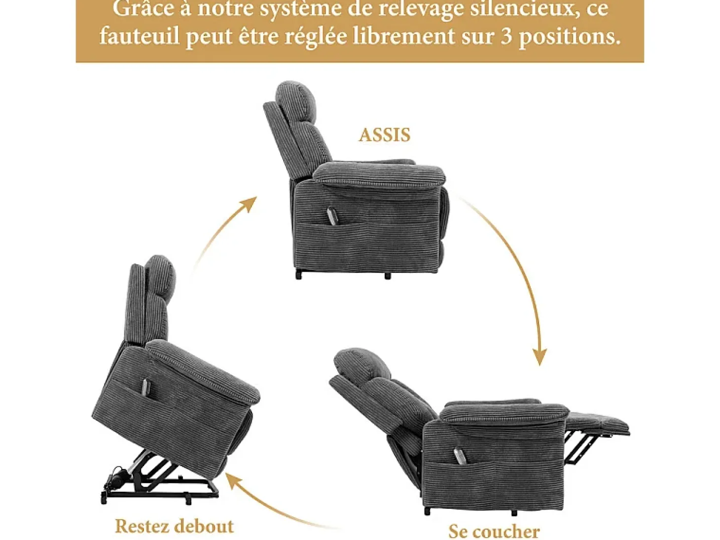 Cadeira relax de veludo cotelê com elevador elétrico, controle remoto, bolso lateral, regulável 90°-160°, Carga máxima de 150 kg, Cinza