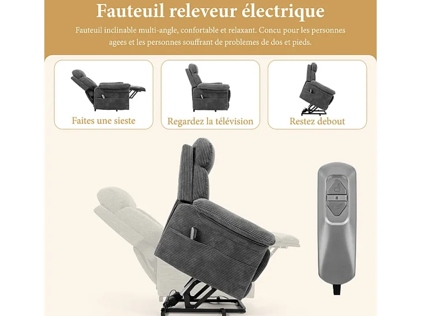 Cadeira relax de veludo cotelê com elevador elétrico, controle remoto, bolso lateral, regulável 90°-160°, Carga máxima de 150 kg, Cinza