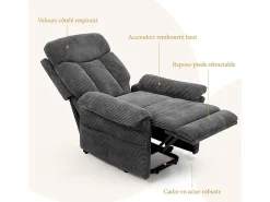 Cadeira relax de veludo cotelê com elevador elétrico, controle remoto, bolso lateral, regulável 90°-160°, Carga máxima de 150 kg, Cinza