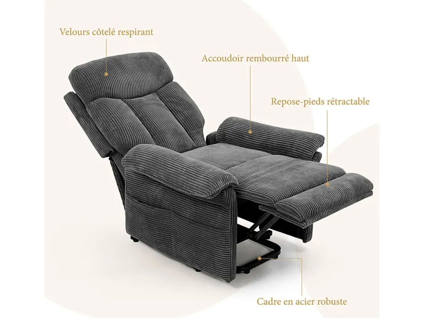 Cadeira relax de veludo cotelê com elevador elétrico, controle remoto, bolso lateral, regulável 90°-160°, Carga máxima de 150 kg, Cinza