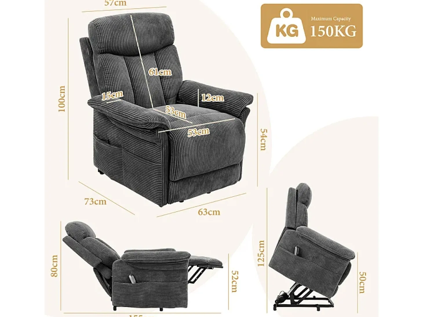 Cadeira relax de veludo cotelê com elevador elétrico, controle remoto, bolso lateral, regulável 90°-160°, Carga máxima de 150 kg, Cinza