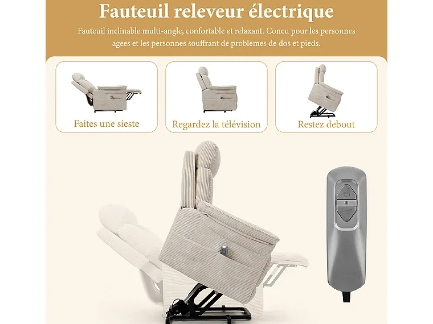Cadeira relax de veludo cotelê com elevador elétrico, controle remoto, bolso lateral, regulável 90°-160°, Bege