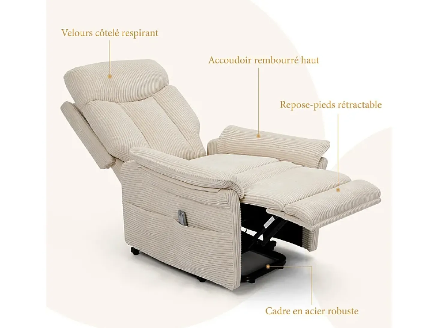 Cadeira relax de veludo cotelê com elevador elétrico, controle remoto, bolso lateral, regulável 90°-160°, Bege